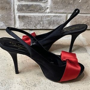 Kate Spade Women's Black Satin Red Bow Slingback Heels Size 7.5 M
